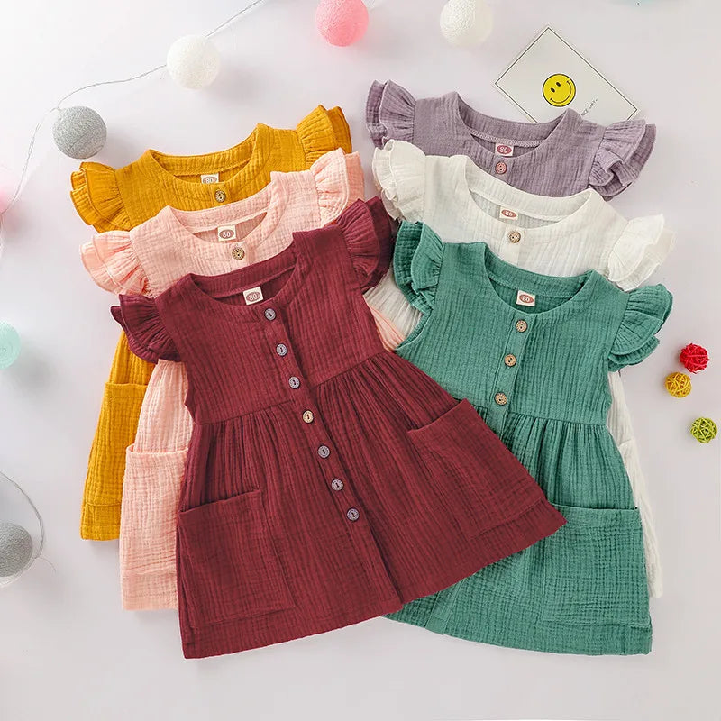 0-6Years Toddler Kid Baby Girl Summer Dress Ruffles Sleeves Cotton Button Pocket Dress Sundress