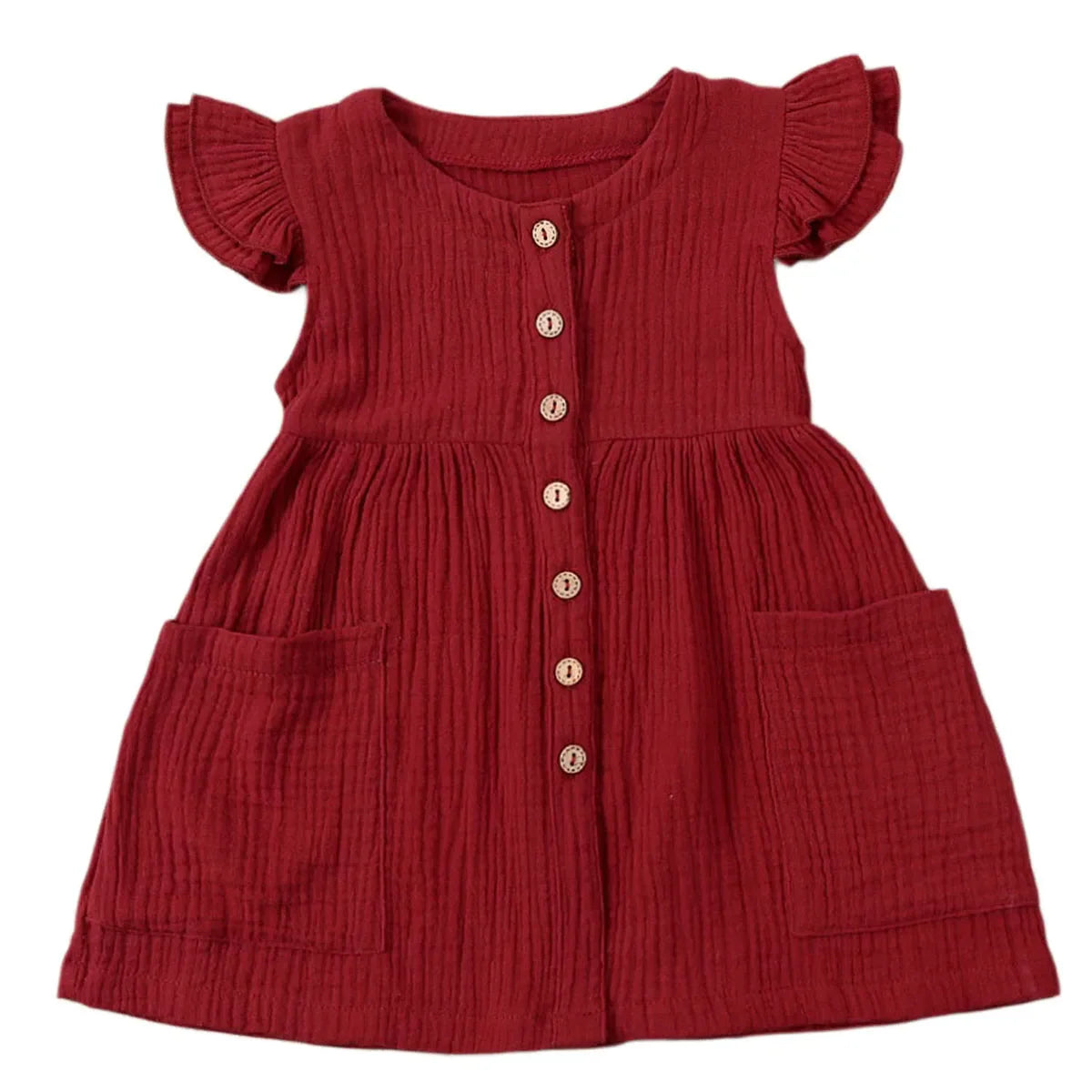 0-6Years Toddler Kid Baby Girl Summer Dress Ruffles Sleeves Cotton Button Pocket Dress Sundress